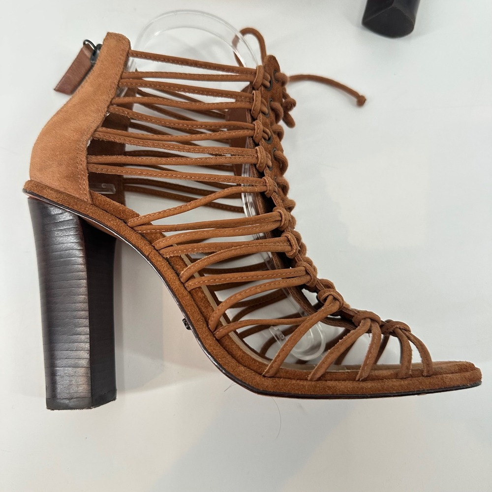 Schutz Brady Suede Leather Cage Lace Up Stacked High Heel Sandals Saddle 9B - Picture 4 of 10
